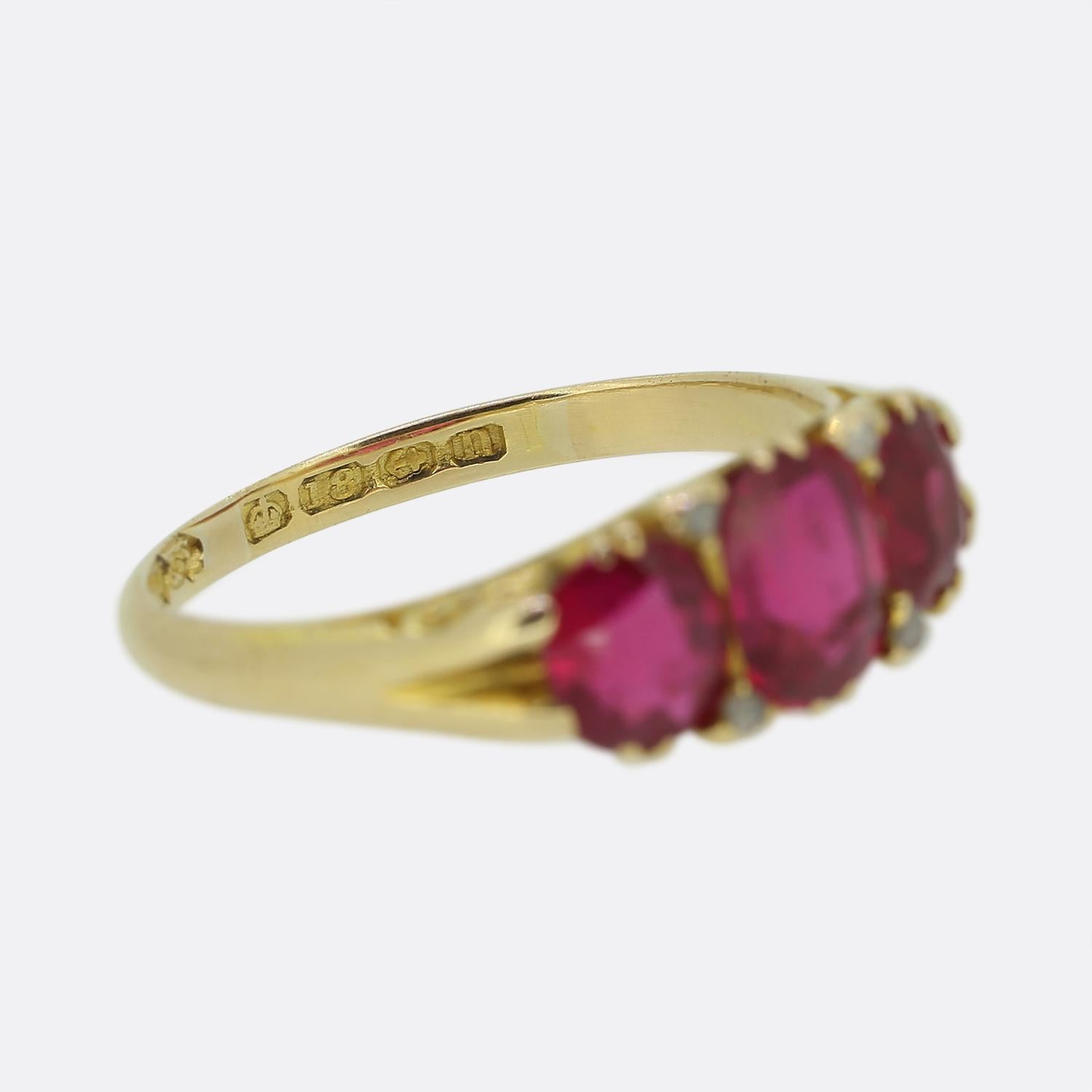 Edwardian Synthetic Ruby and Diamond Three Stone Ring For Sale 1