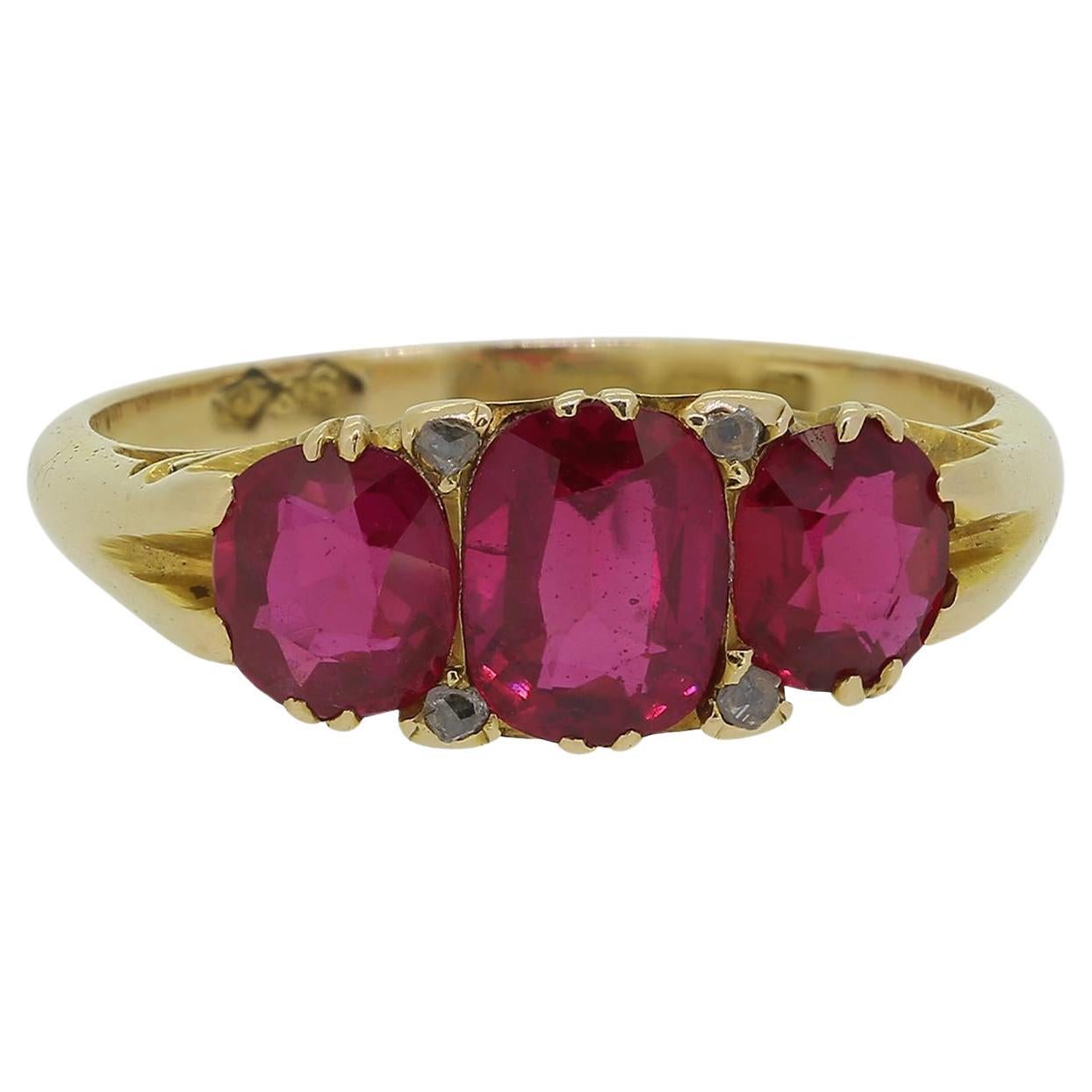 Edwardian Synthetic Ruby and Diamond Three Stone Ring For Sale