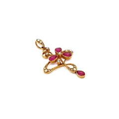 Ciondolo stile Lavaliere in oro giallo 15 carati con rubino sintetico e perle di mare di epoca edoardiana