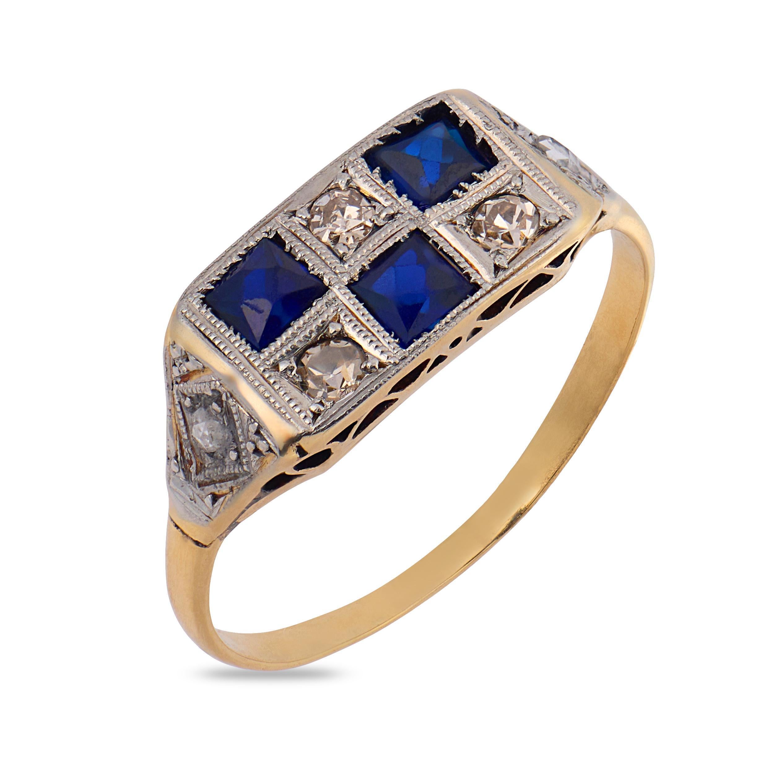 Edwardian synthetic sapphire diamond 18k yellow gold checkerboard ring
