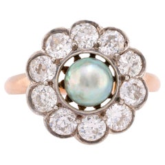 Antique Edwardian Tahitian Pearl Diamond 14K Rose Gold Silver Cluster Ring