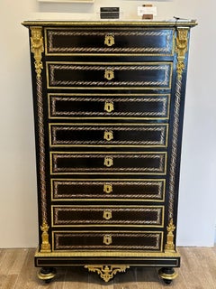 Edwardian, Tall Secretaire, Black Lacquer, Bronze, Abalone Inlay, Marble, 1880s