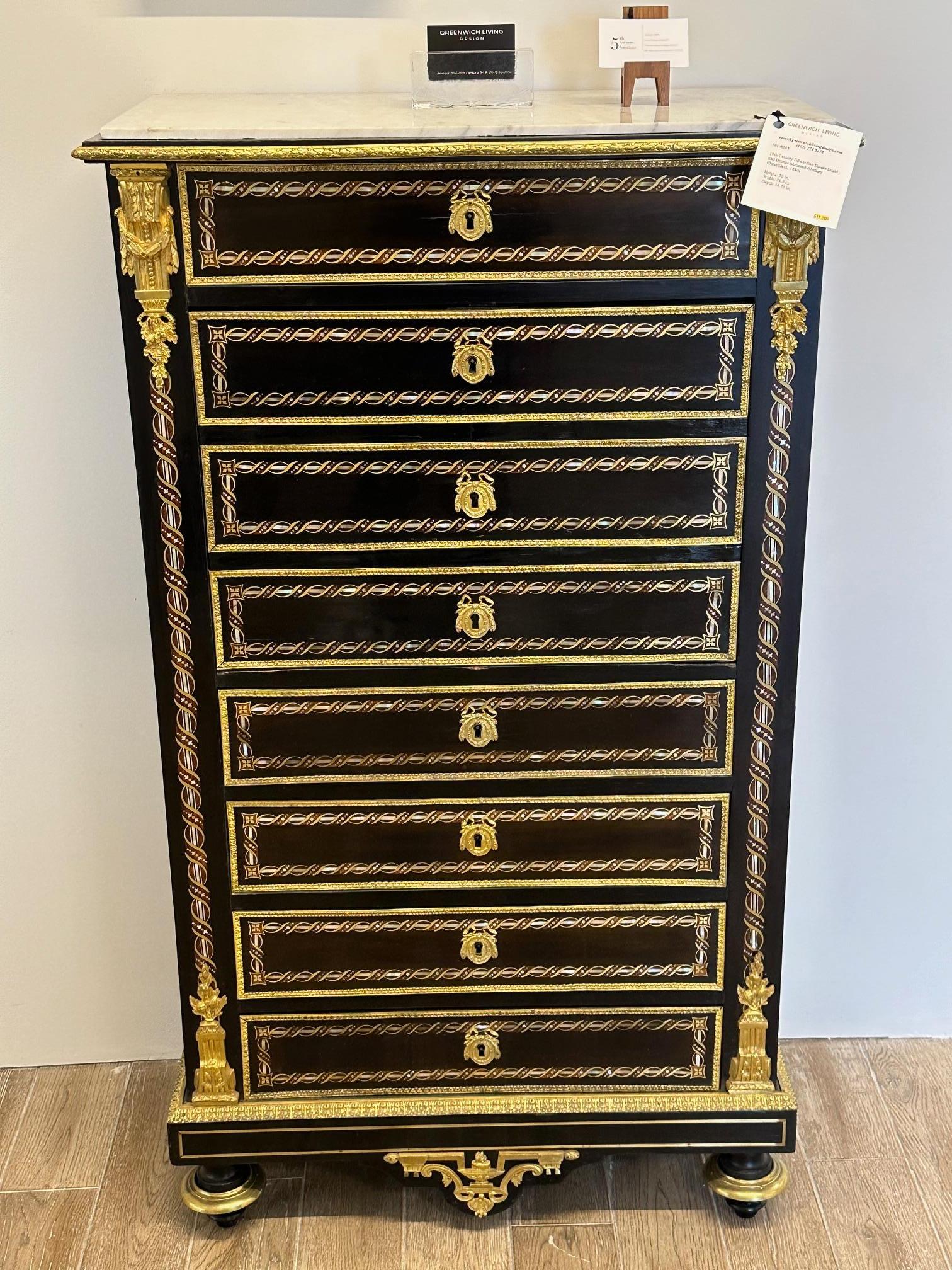 Edwardian, Tall Secretaire, Black Lacquer, Bronze, Abalone Inlay, Marble, 1880s In Good Condition For Sale In Stamford, CT