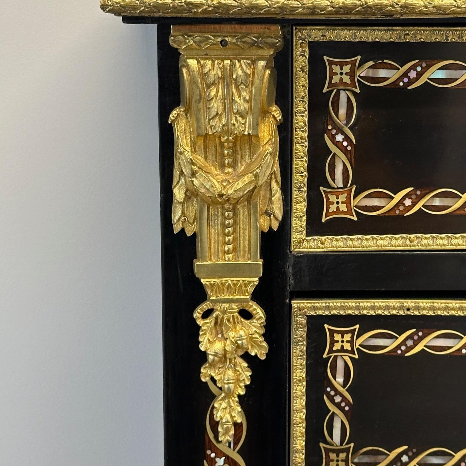 20th Century Edwardian, Tall Secretaire, Black Lacquer, Bronze, Abalone Inlay, Marble, 1880s For Sale
