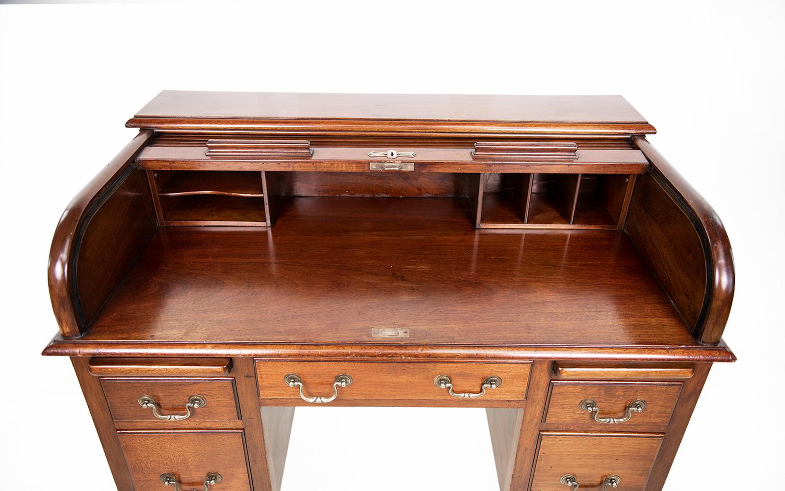 European Edwardian Tambour Roll Top Mahogany Desk For Sale