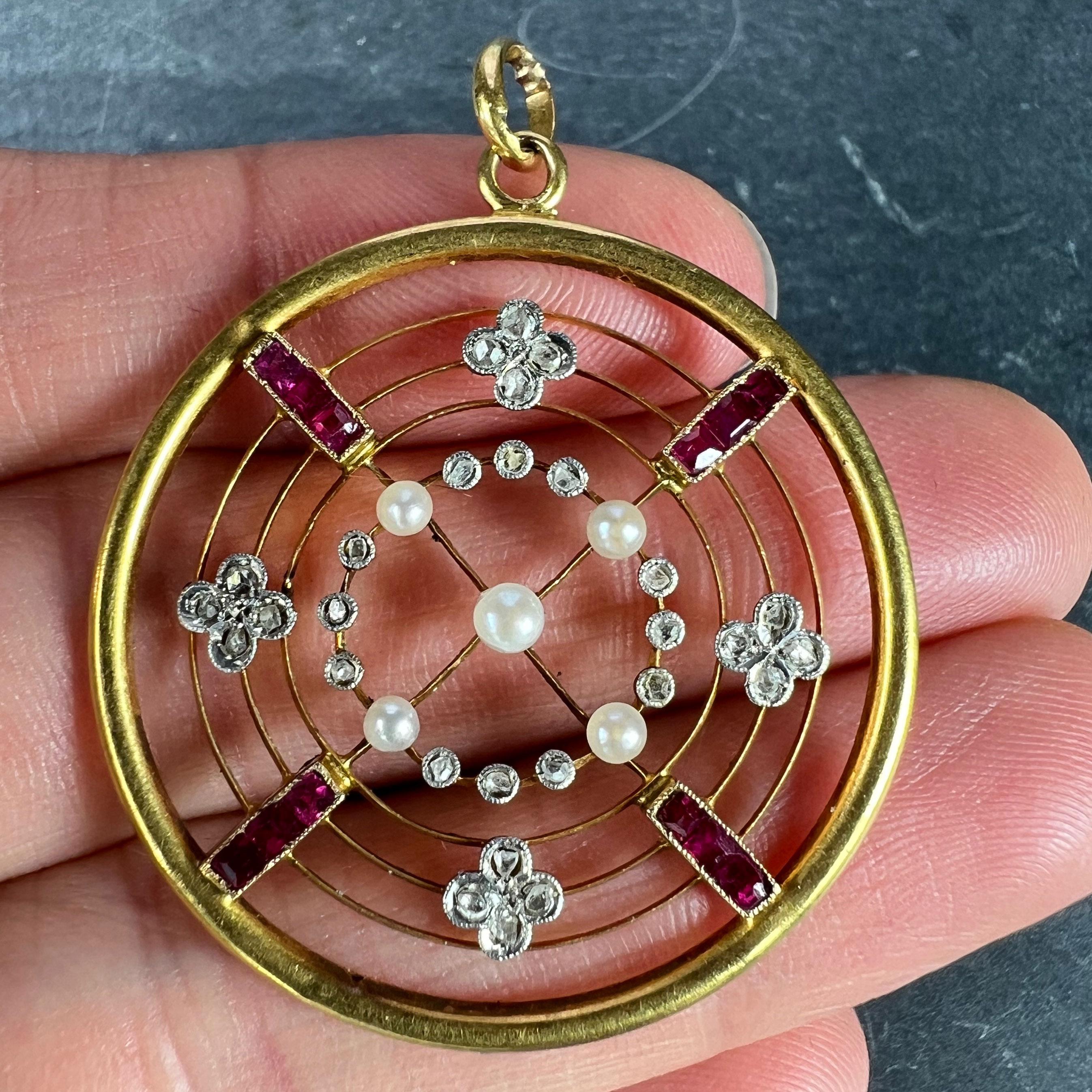 Women's Edwardian Target Diamond Pearl Ruby 18K Yellow Gold Pendant For Sale