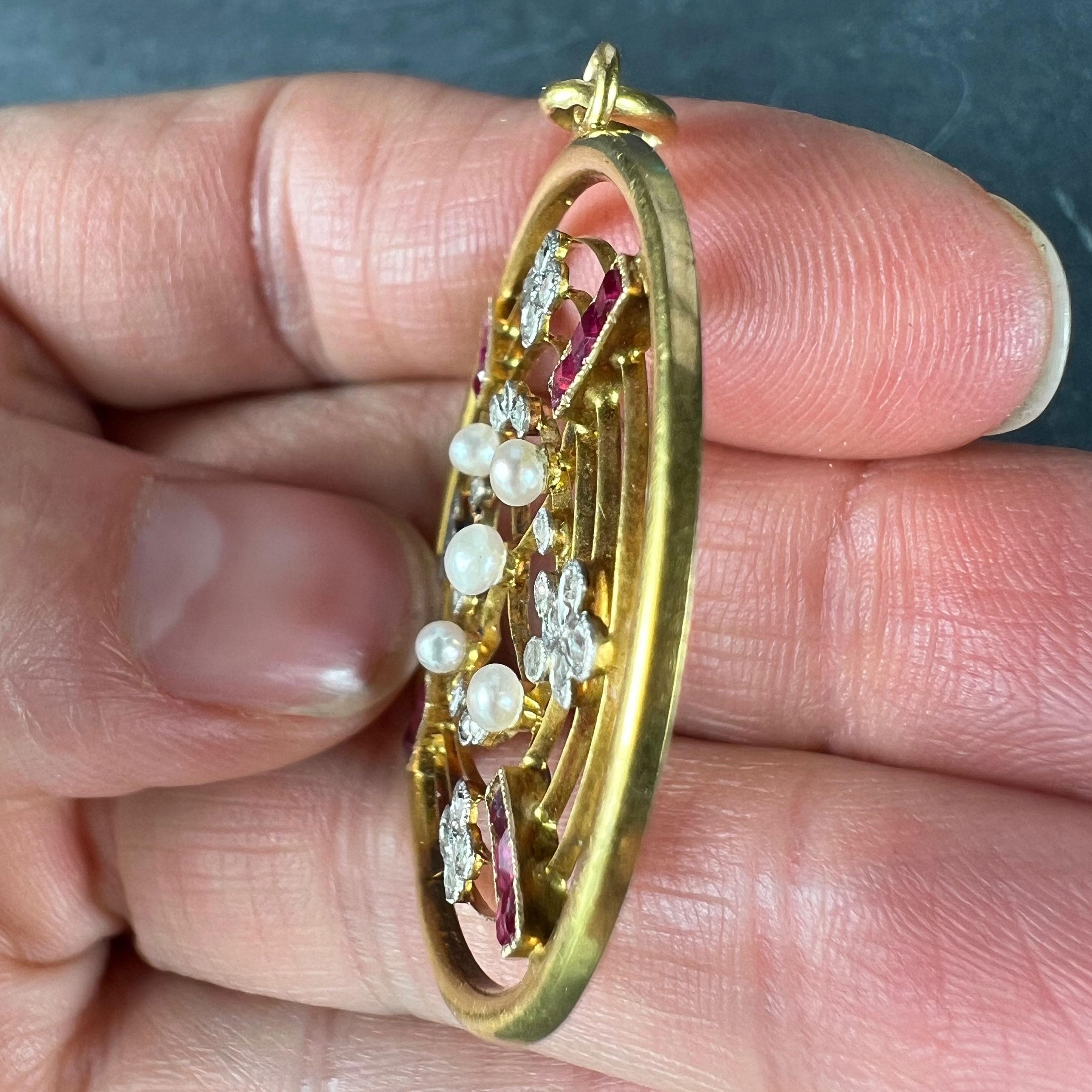 Edwardian Target Diamond Pearl Ruby 18K Yellow Gold Pendant For Sale 3