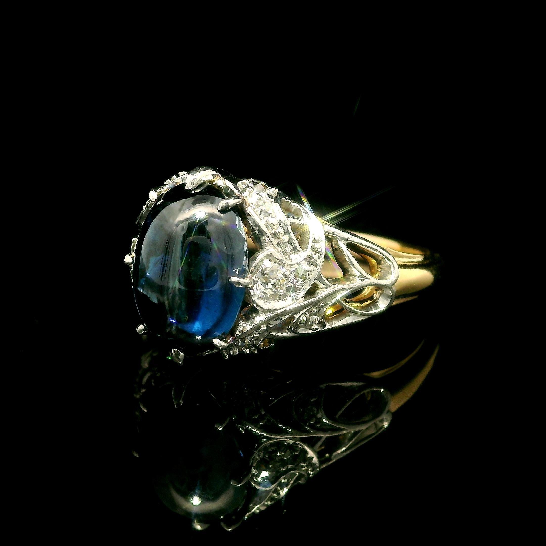 T.B. edoardiano. Anello Starr in oro 14k e platino GIA con zaffiro cabochon e diamante da 4,95 carati In condizioni buone in vendita a Montclair, NJ
