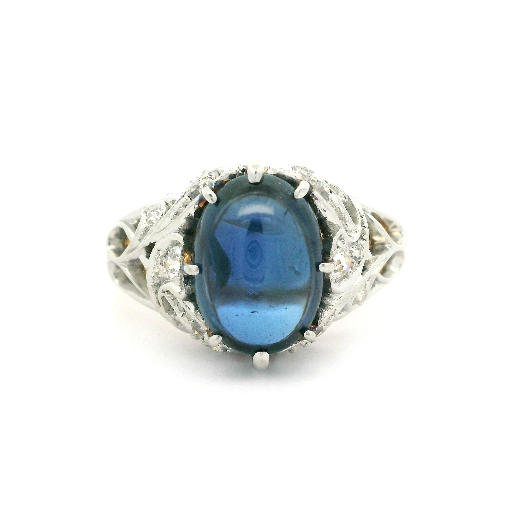 T.B. edoardiano. Anello Starr in oro 14k e platino GIA con zaffiro cabochon e diamante da 4,95 carati in vendita 3