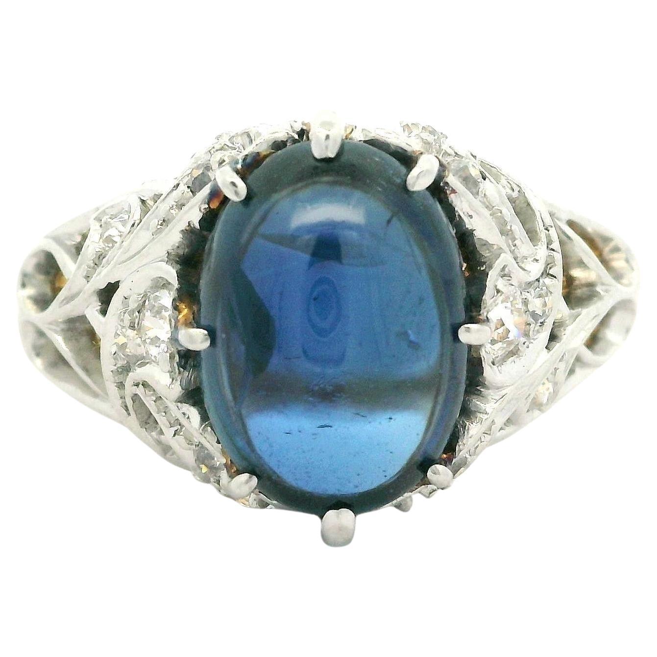 Edwardian T.B. Starr 14k Gold Platinum GIA 4.95ct Cabochon Sapphire Diamond Ring