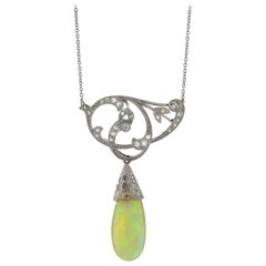 Edwardian 10.00 Total Carat Teardrop Opal and Diamond Pendant Necklace