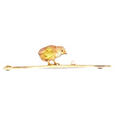 Edwardian Three-Colour 15ct Gold Chick & Pearl Egg Bar Brooch