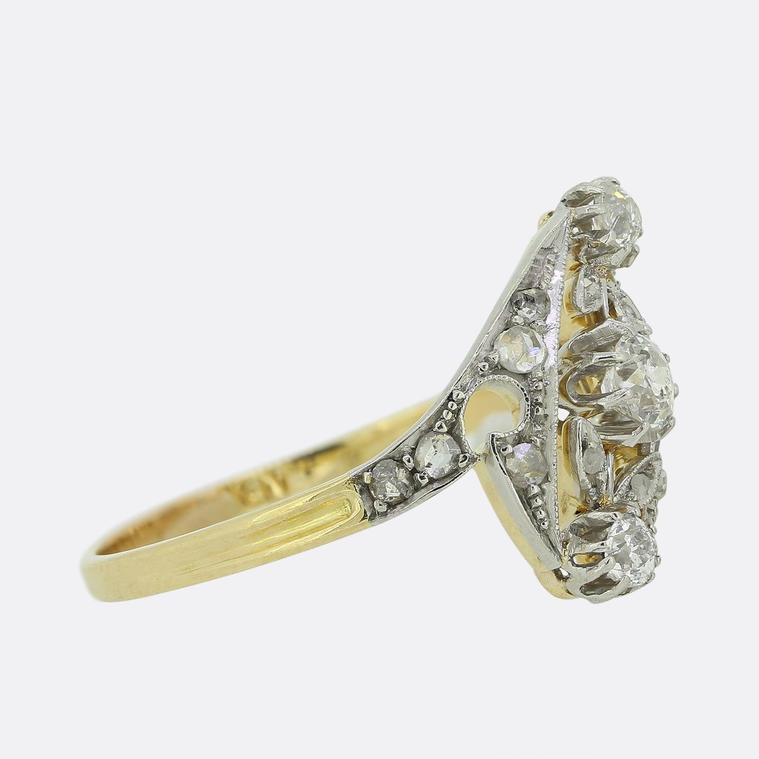 Old European Cut Edwardian Three Stone 0.40 Carat Diamond Twist Ring For Sale