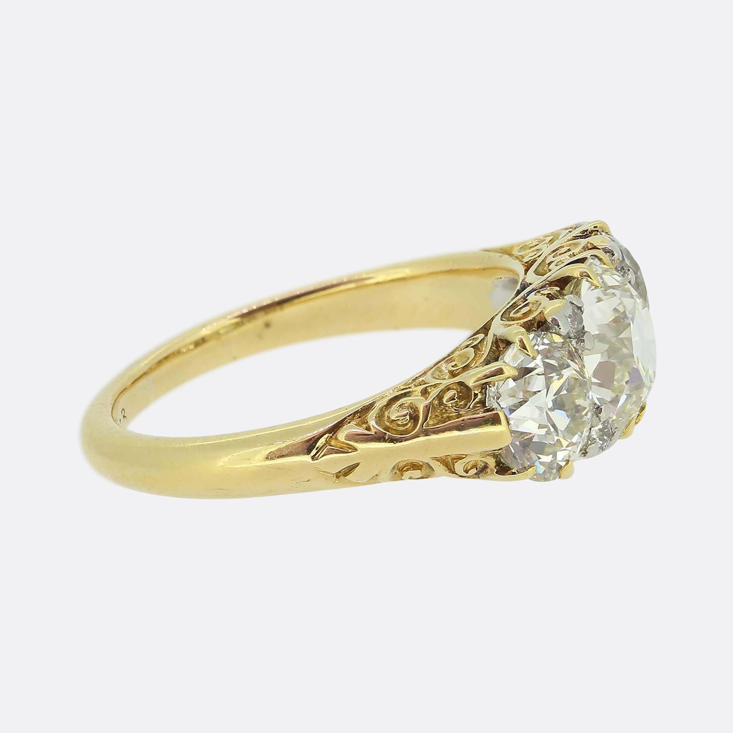 Old European Cut Edwardian Three-Stone Diamond Ring For Sale