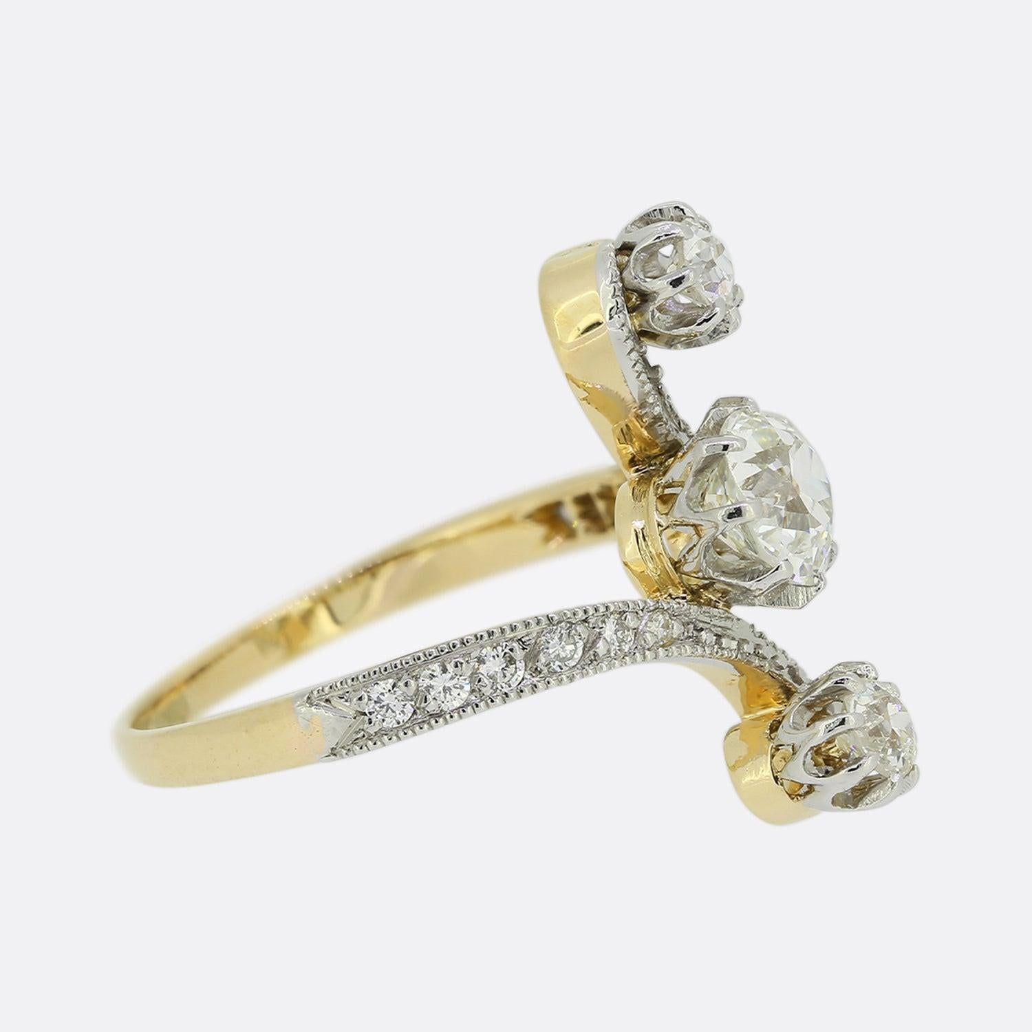 Old European Cut Edwardian Three Stone Diamond Ring For Sale