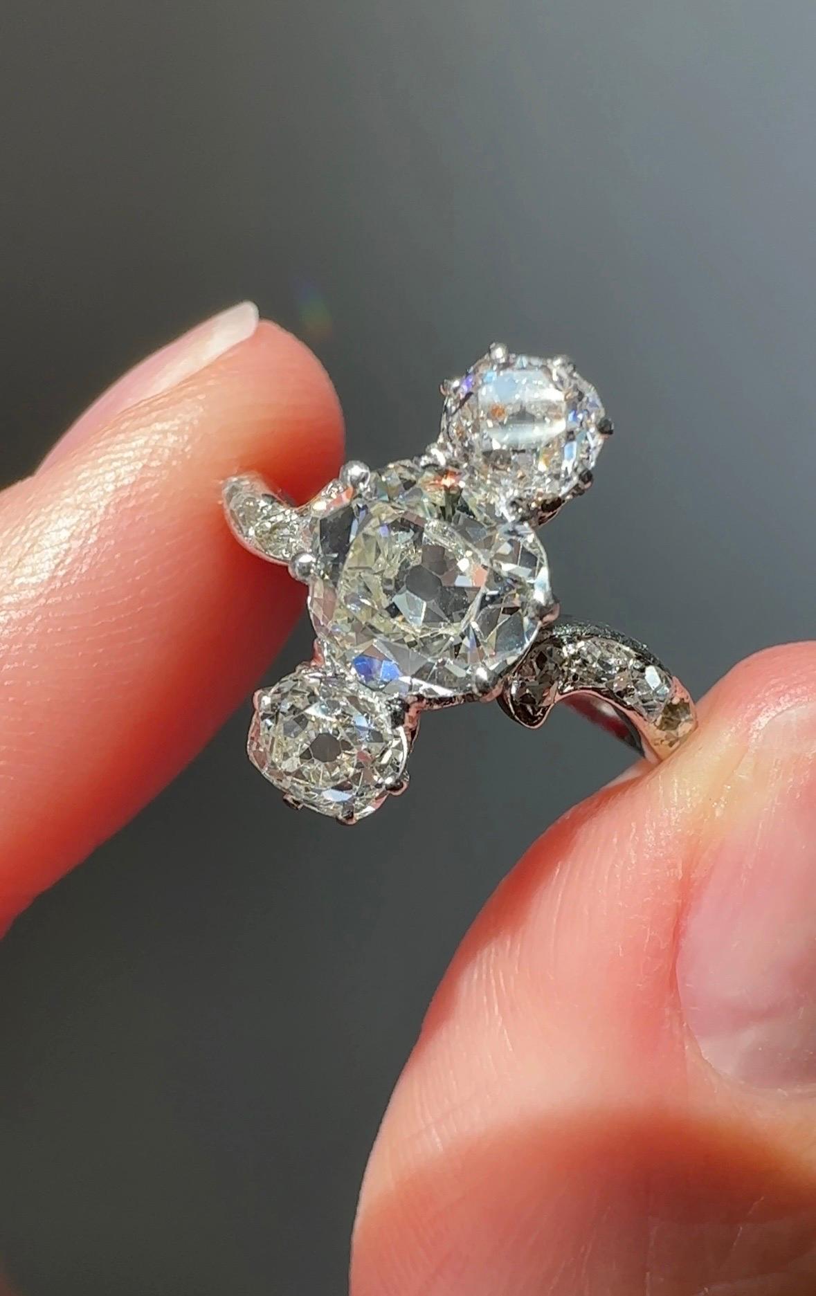 Old Mine Cut Edwardian Three-Stone Diamond Ring For Sale