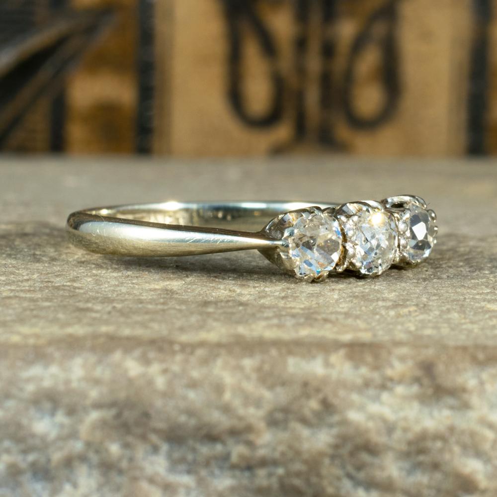 A really pretty three stone Diamond ring that has been modelled in 18ct White Gold and Platinum with double claws. This ring was made made in the Edwardian era, and sits comfortably and low on the finger.

Enquire for more resize options.

Diamond