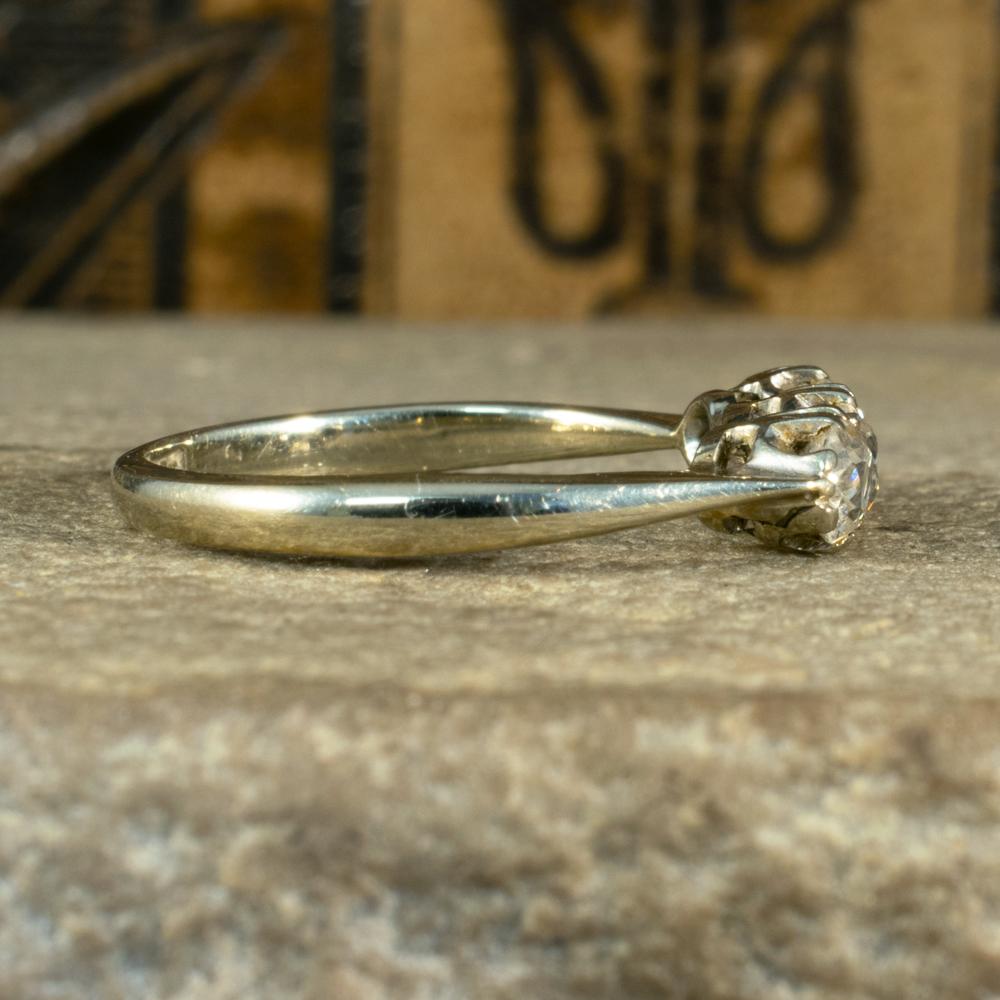 Old Mine Cut Edwardian Three-Stone Diamond Ring in 18 Carat White Gold and Platinum