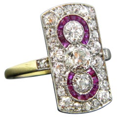 Edwardian Three-Stone Diamonds Rubies Yellow Gold Platinum Target Ring