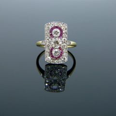 Edwardian Three-Stone Diamonds Rubies Yellow Gold Platinum Target Ring