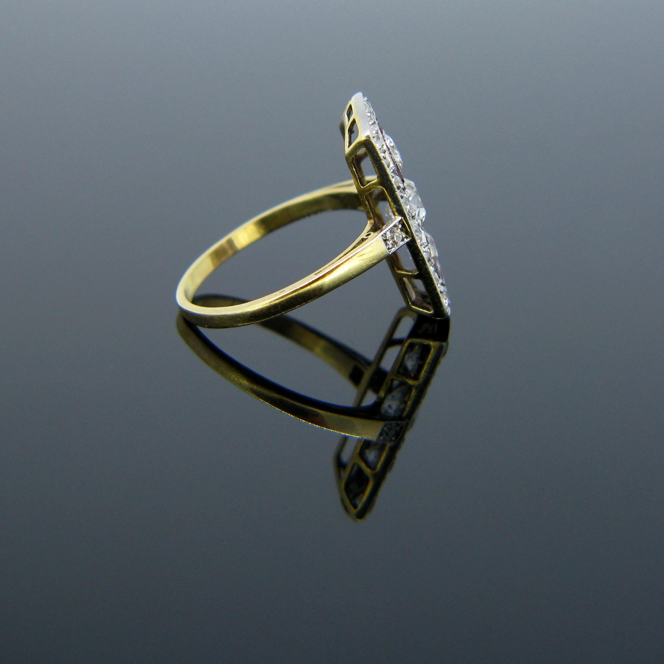 Old Mine Cut Edwardian Three-Stone Diamonds Rubies Yellow Gold Platinum Target Ring