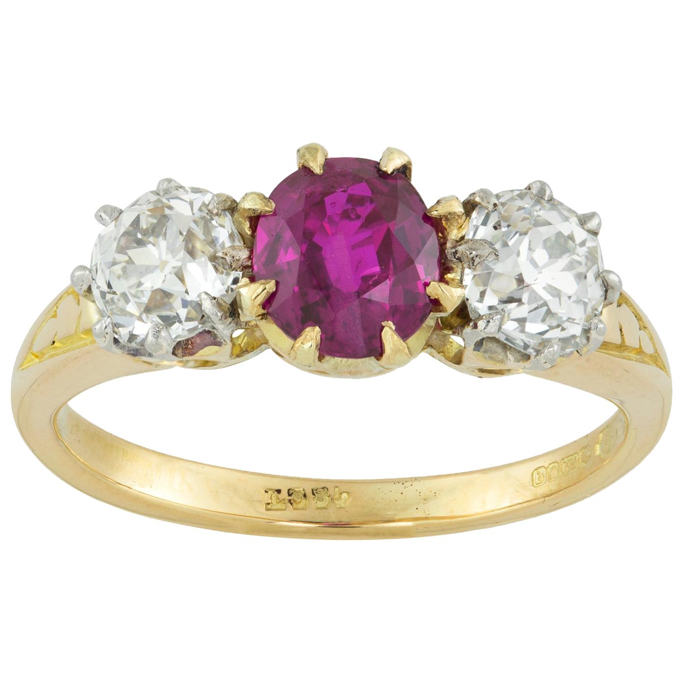 Edwardian Three-Stone Ruby and Diamond Ring For Sale