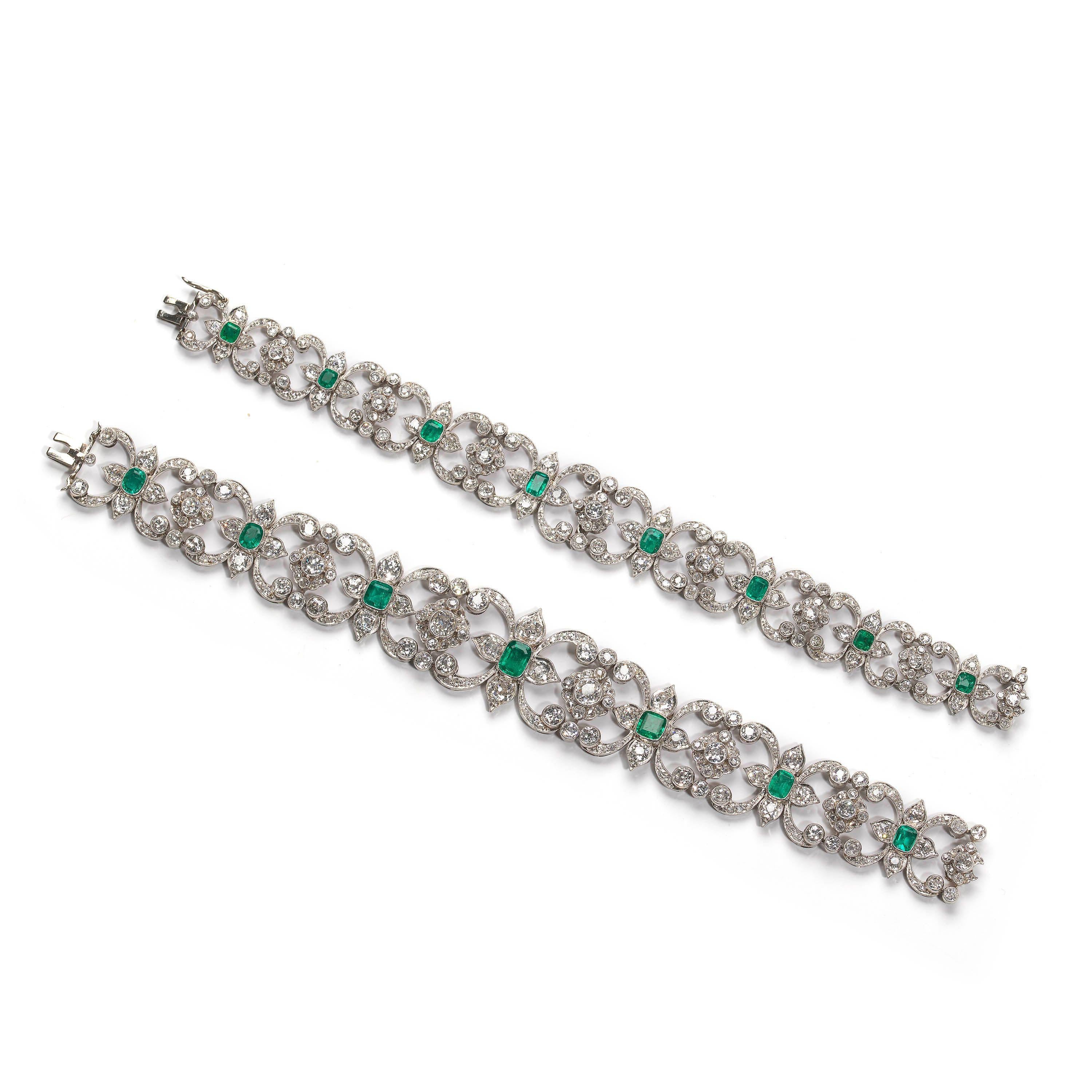 Women's Edwardian Tiara Necklace and Bracelets with Emerald, Diamond and Platinum