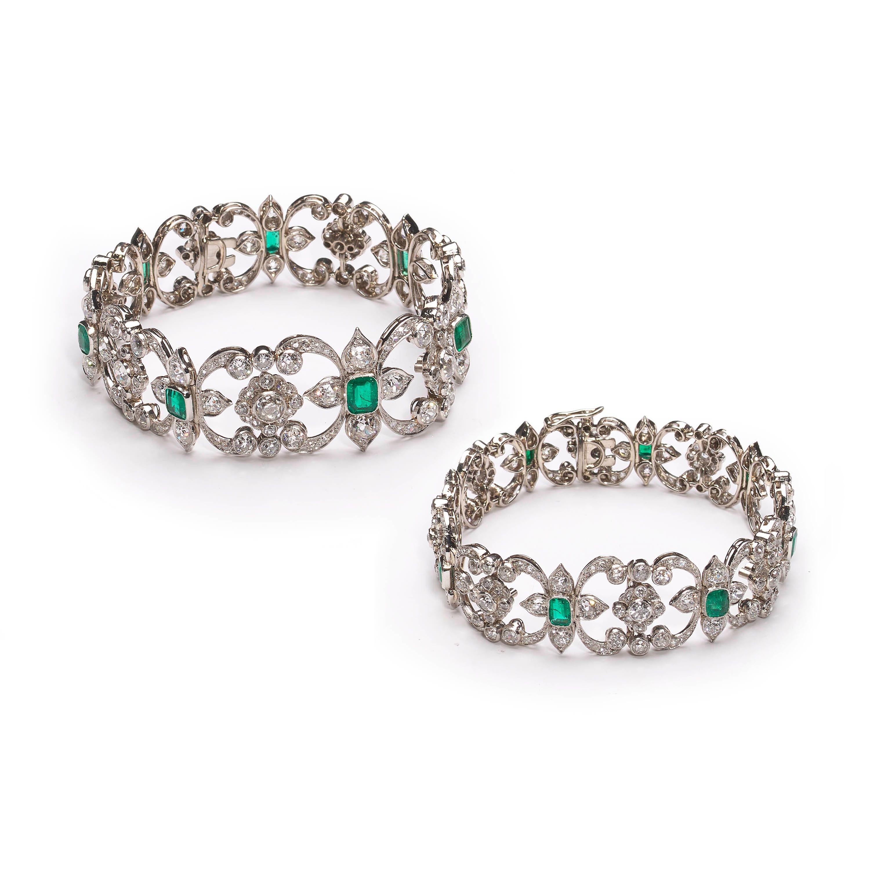 Emerald Cut Edwardian Tiara Necklace and Bracelets with Emerald, Diamond and Platinum