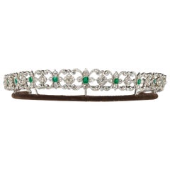 Edwardian Tiara Necklace and Bracelets with Emerald, Diamond and Platinum