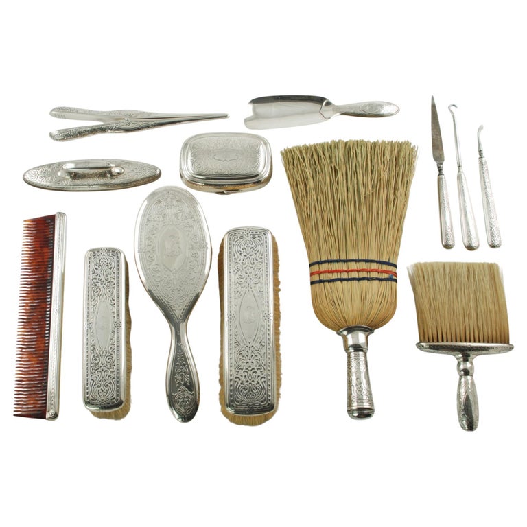 sterling silver vanity dresser set Antique Art Deco 13 Piece Sterling Silver 925 Vanity Dresser Set with  Fitted Box
