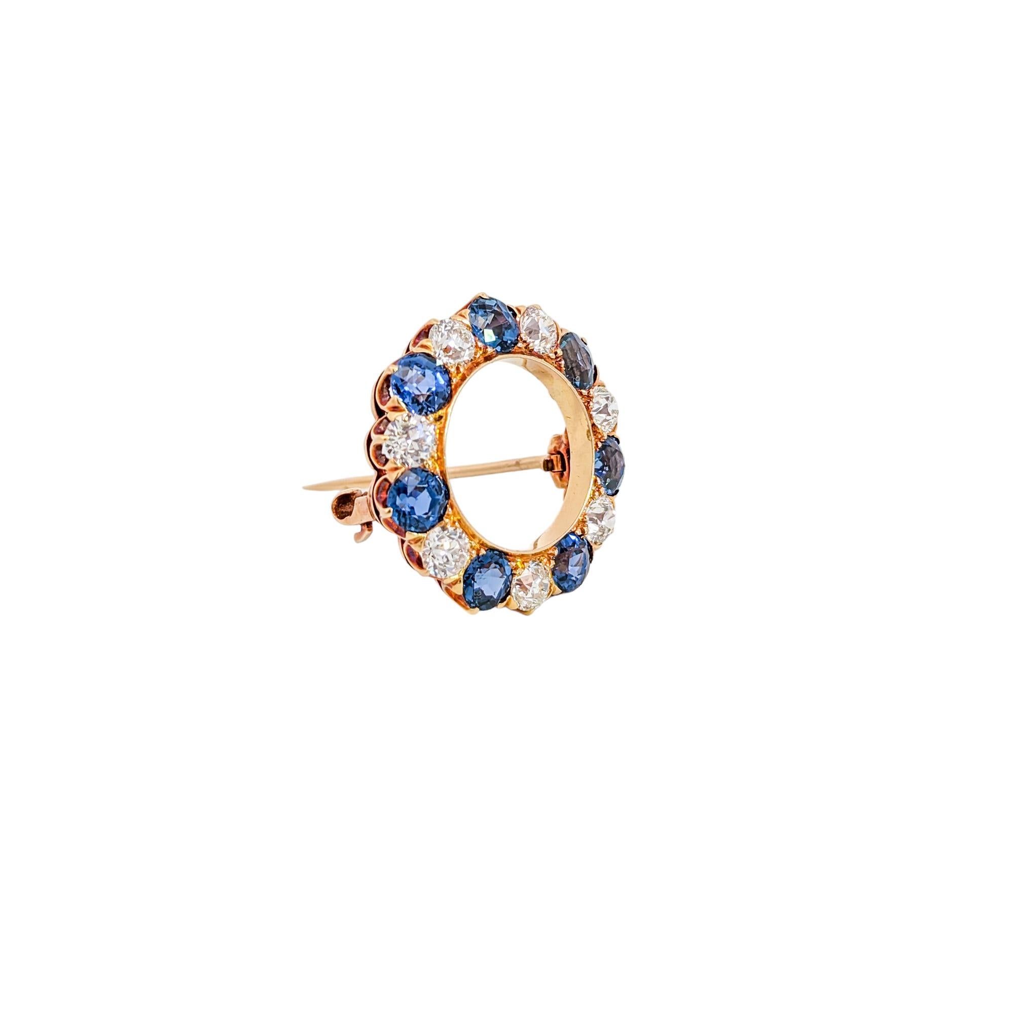 Round Cut Edwardian Tiffany & Co. Yogo Gulch Montana Sapphire & Diamond Circle Brooch For Sale