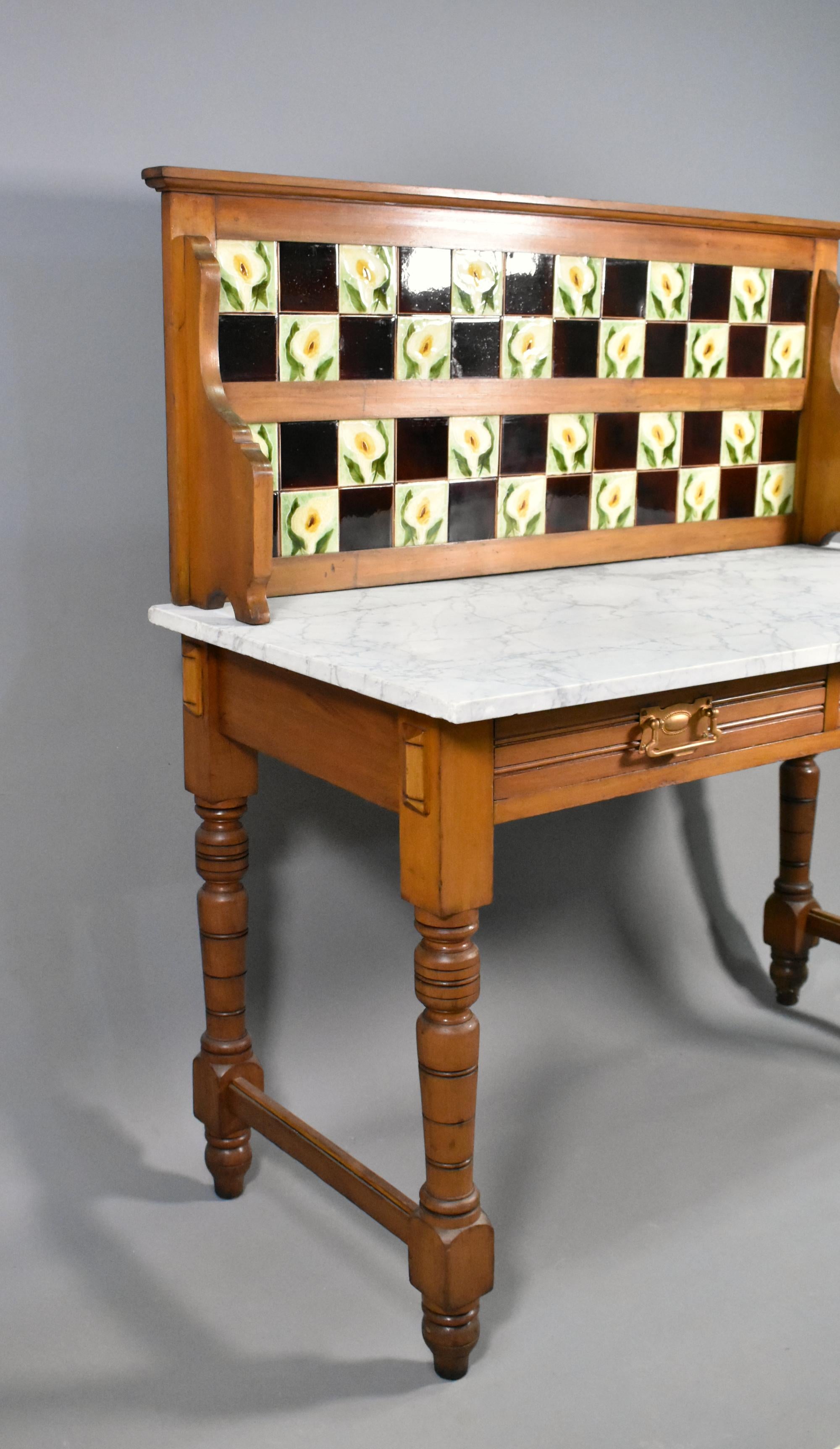 Edwardian Tile Back Marble Top Washstand in Birch For Sale 3