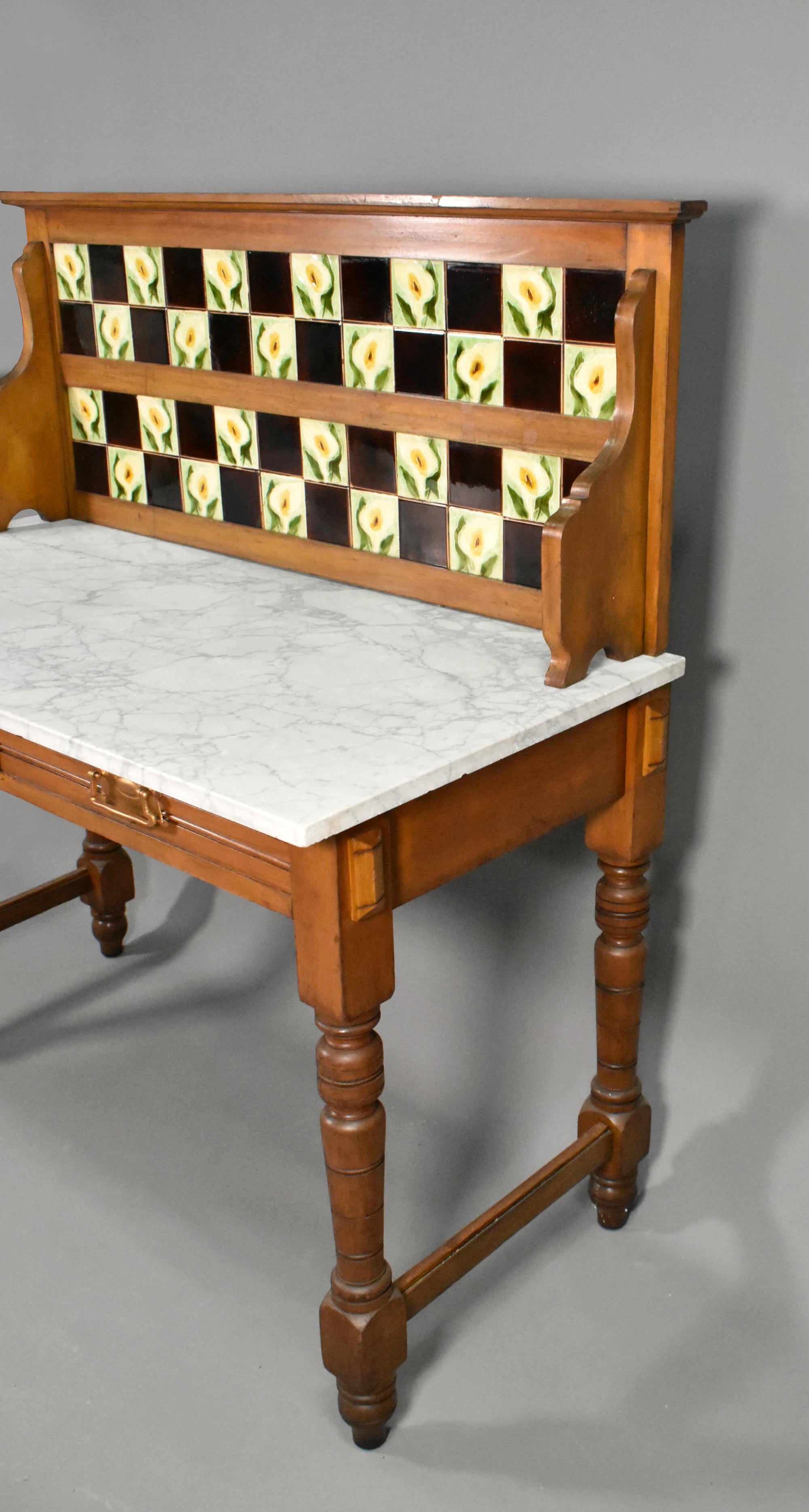 Edwardian Tile Back Marble Top Washstand in Birch For Sale 6