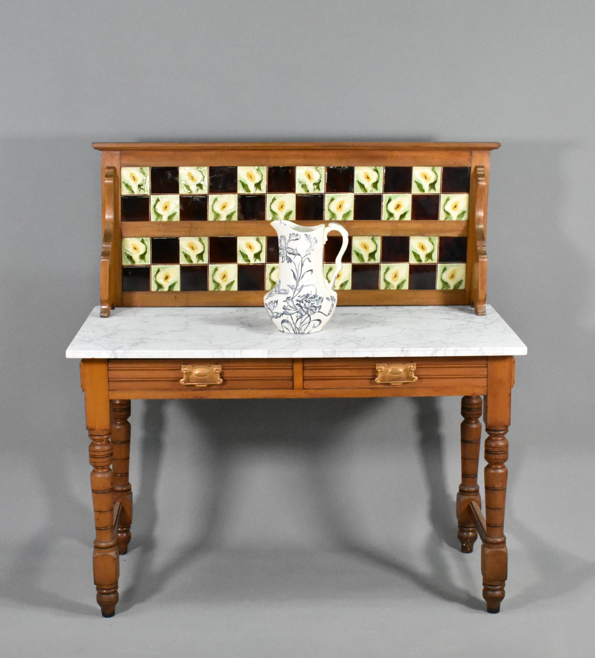 Edwardian Tile Back Marble Top Washstand in Birch For Sale 8