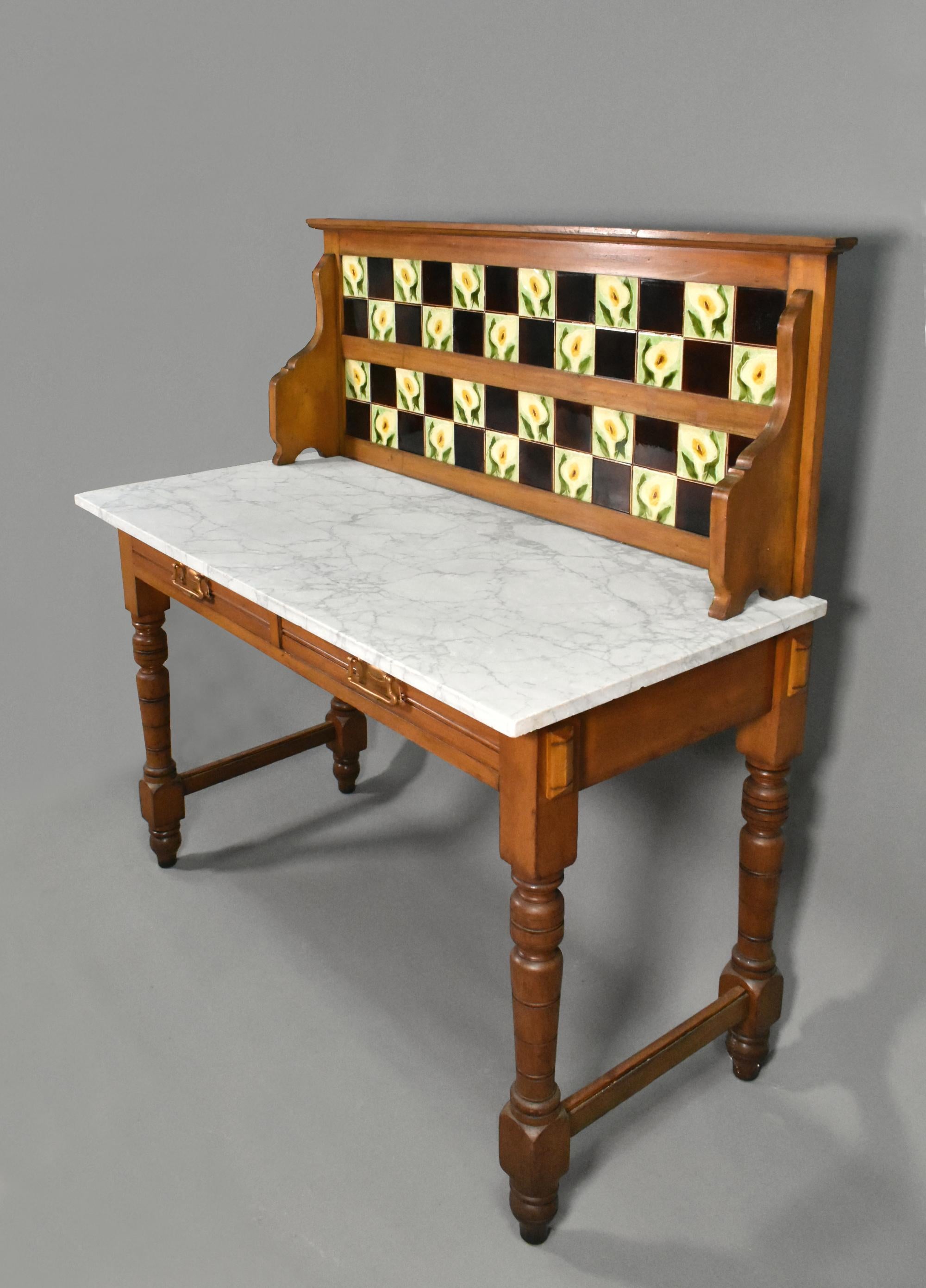 British Edwardian Tile Back Marble Top Washstand in Birch For Sale