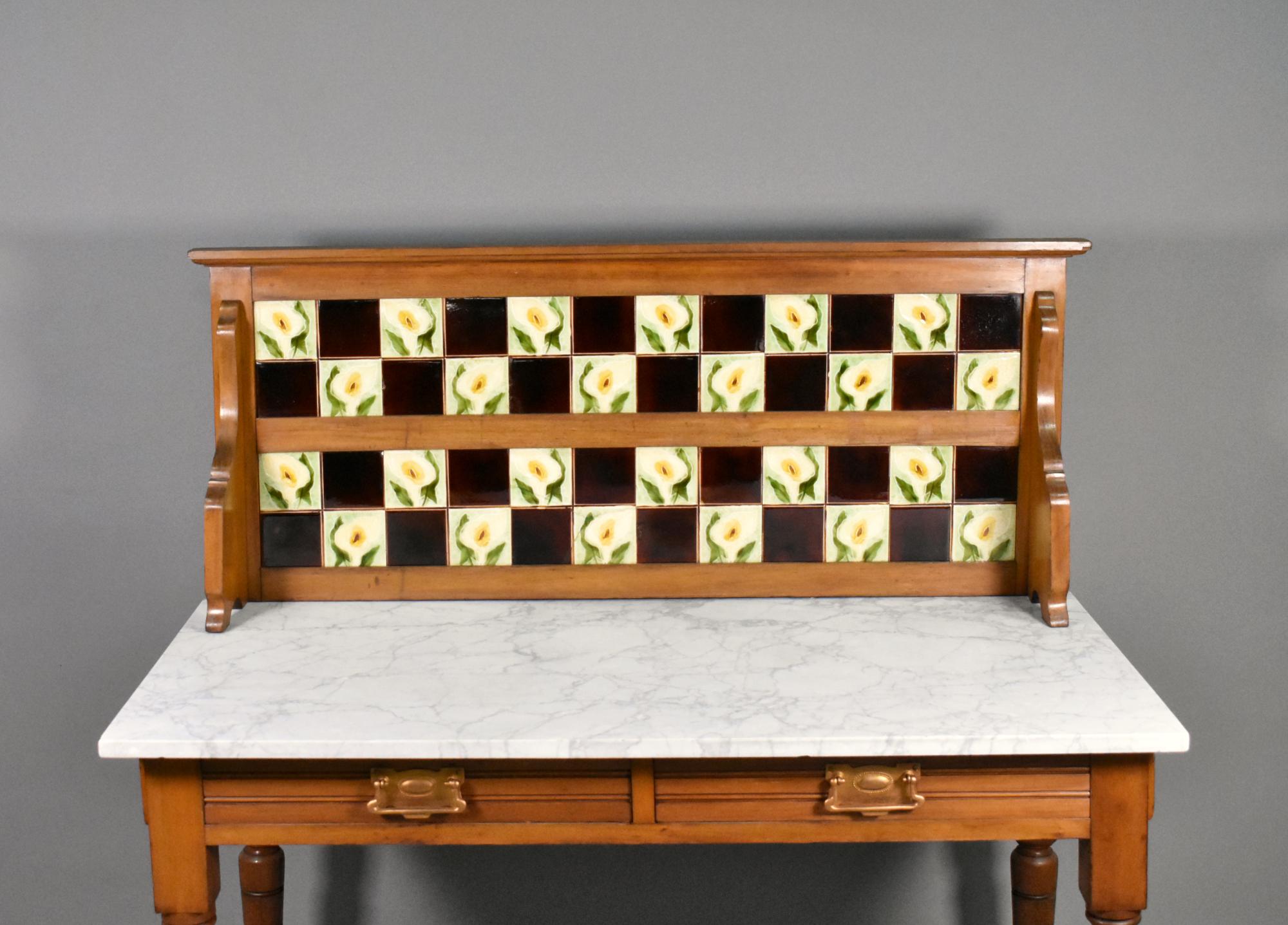 Polished Edwardian Tile Back Marble Top Washstand in Birch For Sale