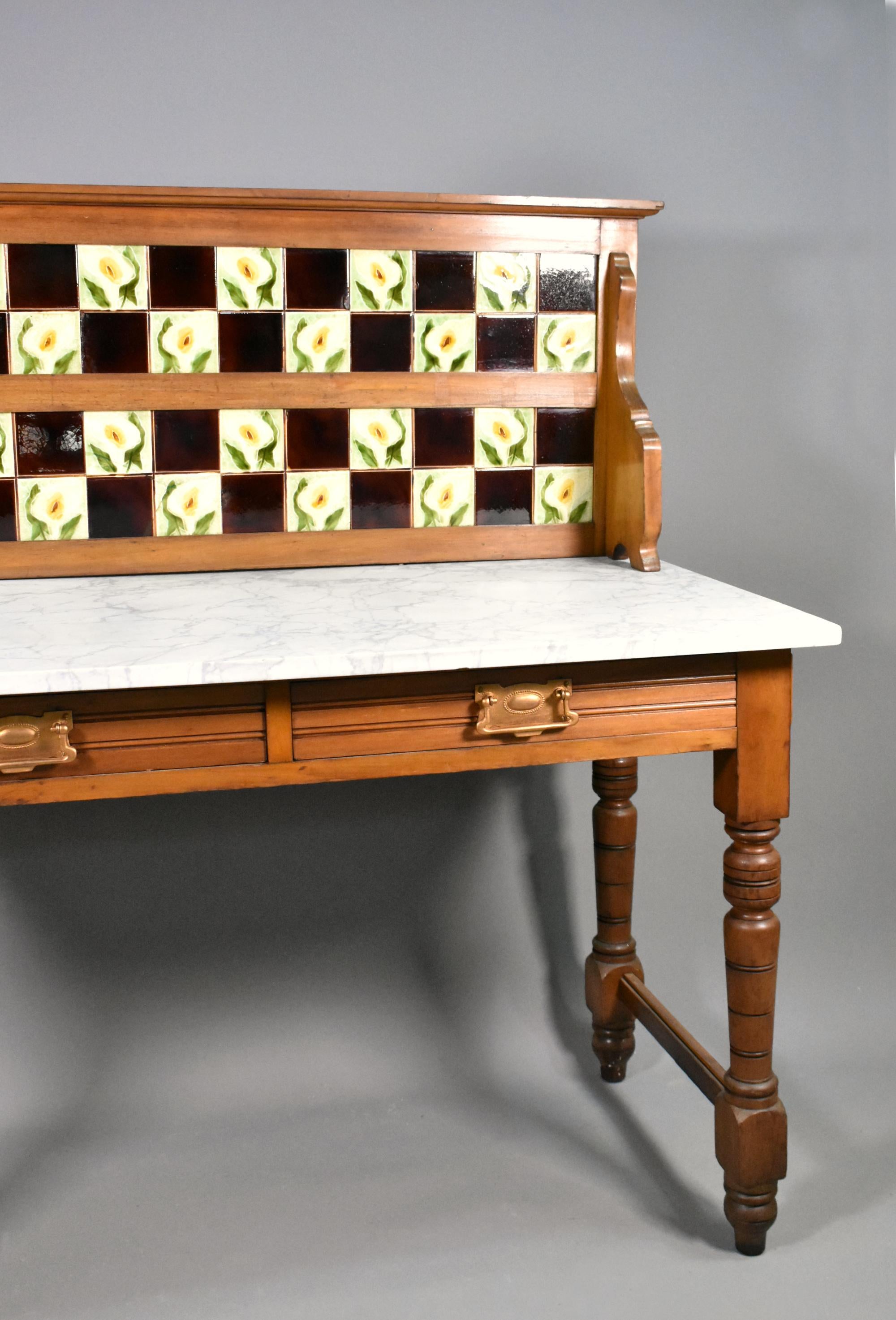 Metal Edwardian Tile Back Marble Top Washstand in Birch For Sale
