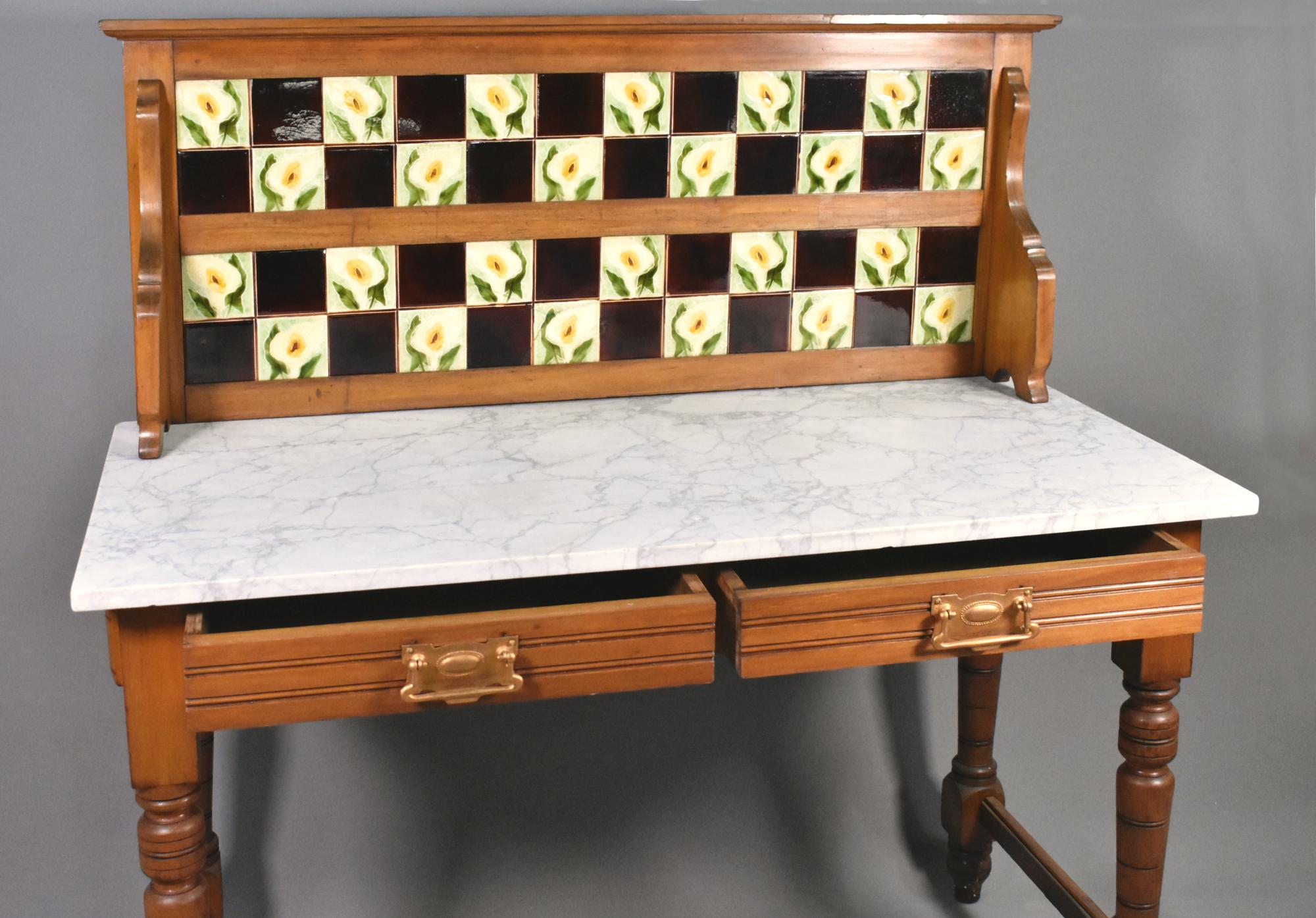 Edwardian Tile Back Marble Top Washstand in Birch For Sale 1