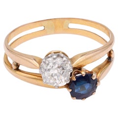 Antique Edwardian Toe Et Moi Diamond Sapphire Yellow Gold Ring