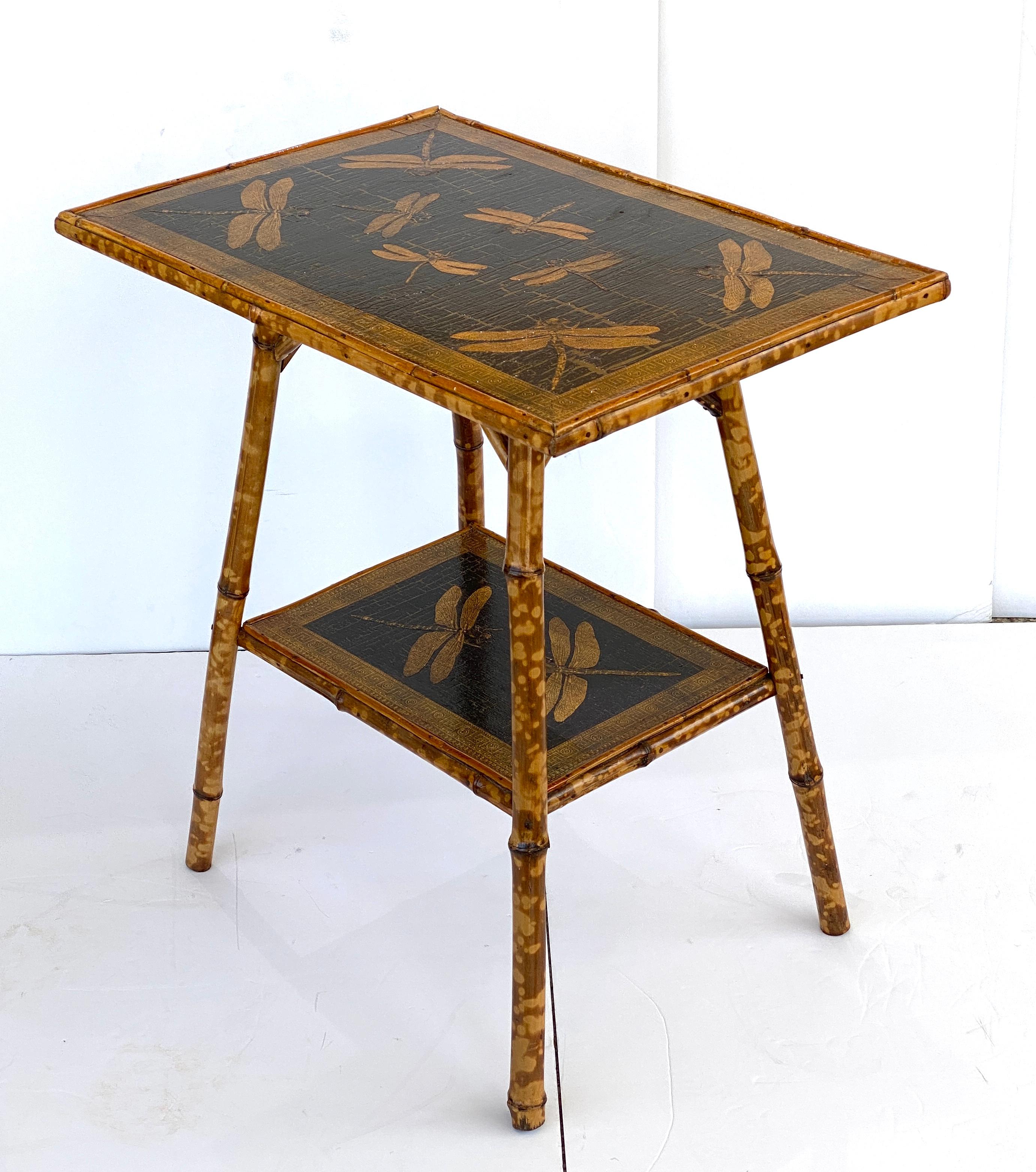This stylish Edwardian period table is very much in the manner of pieces created with the rage of all things exotic.

The tortoise bamboo table is decorated with decoupaged dragonflies and a geometic border.