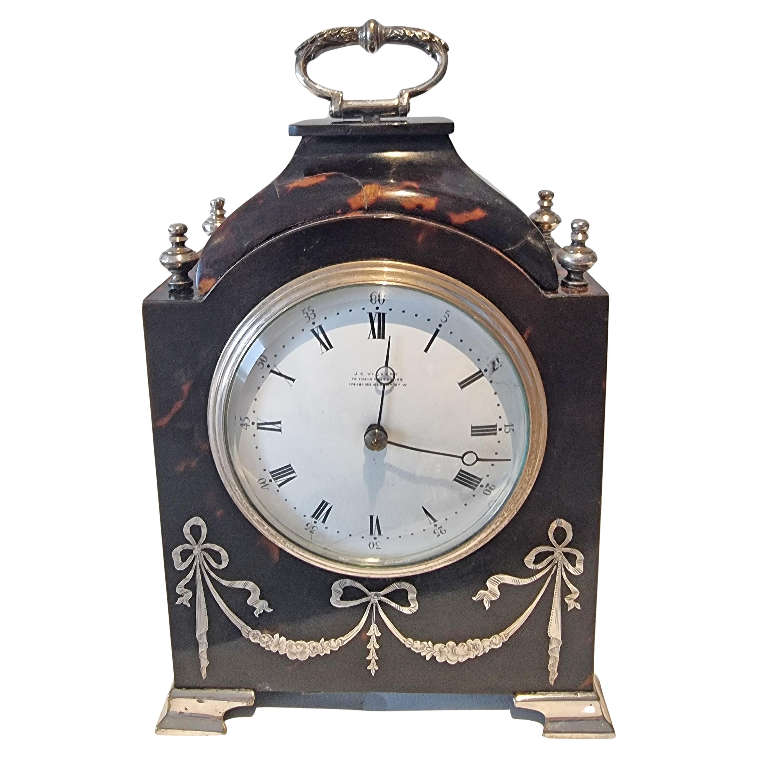 Edwardian Tortoiseshell and Silver Piquet Mantle Clock by J.C. Vickery For Sale