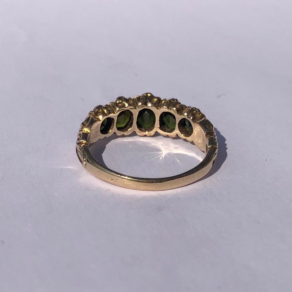 Oval Cut Edwardian Tourmaline and 9 Carat Gold Five-Stone Ring