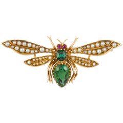 Edwardian Tourmaline and Pearl Bee Brooch