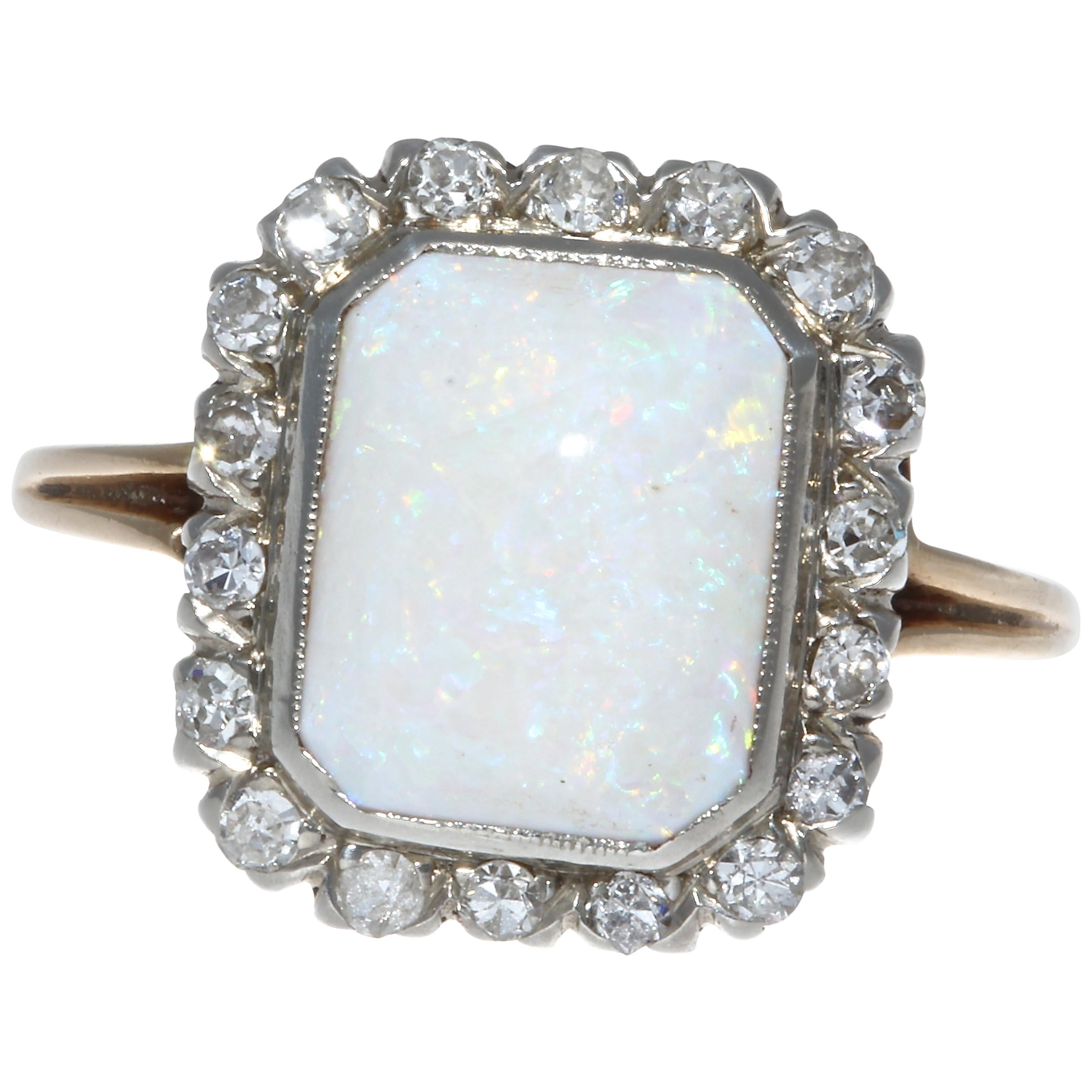 Edwardian Two-Tone Opal Diamond 10 Karat Gold Ring