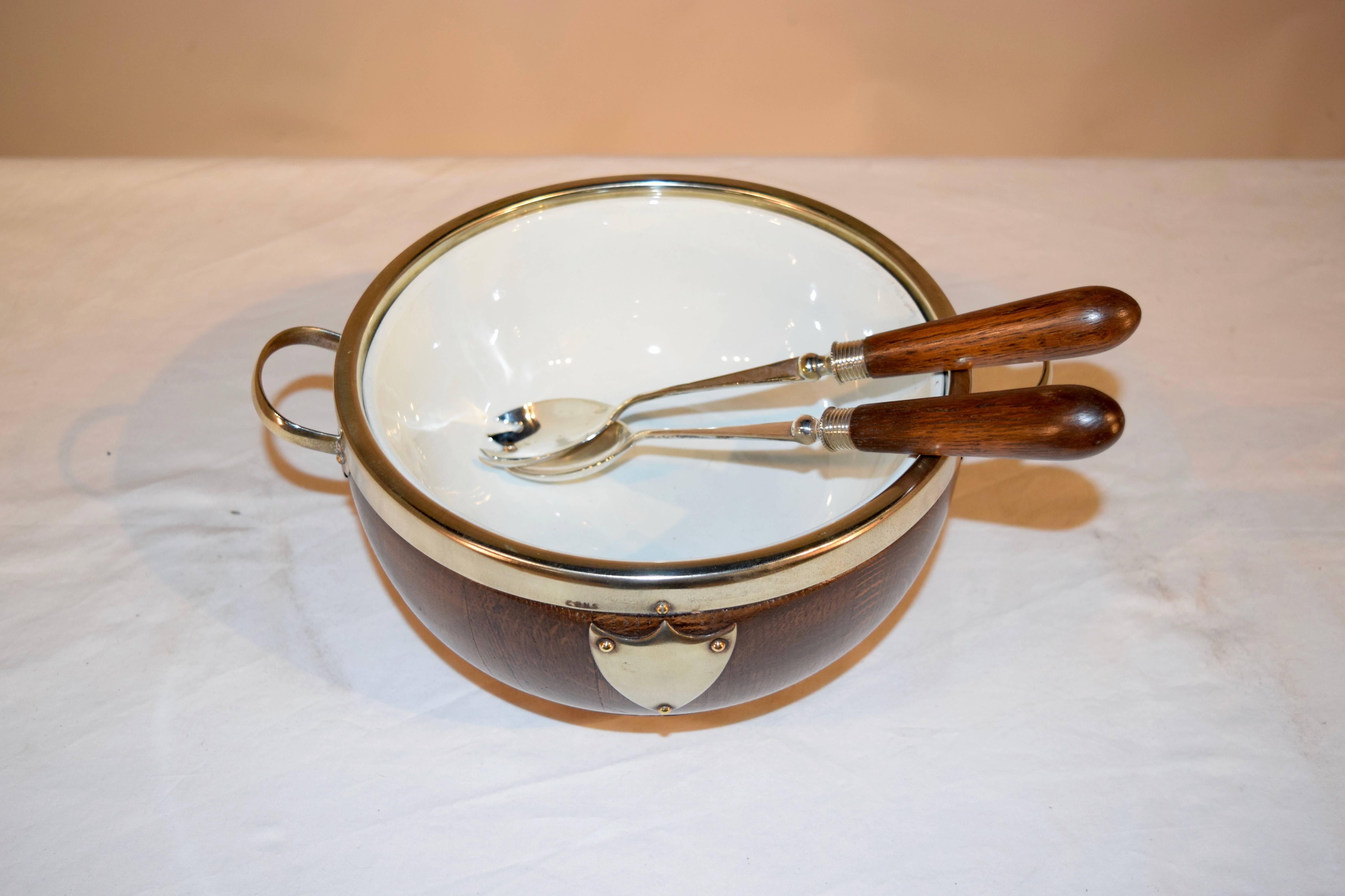 English Edwardian Treen Salad Bowl with Liner and Servers