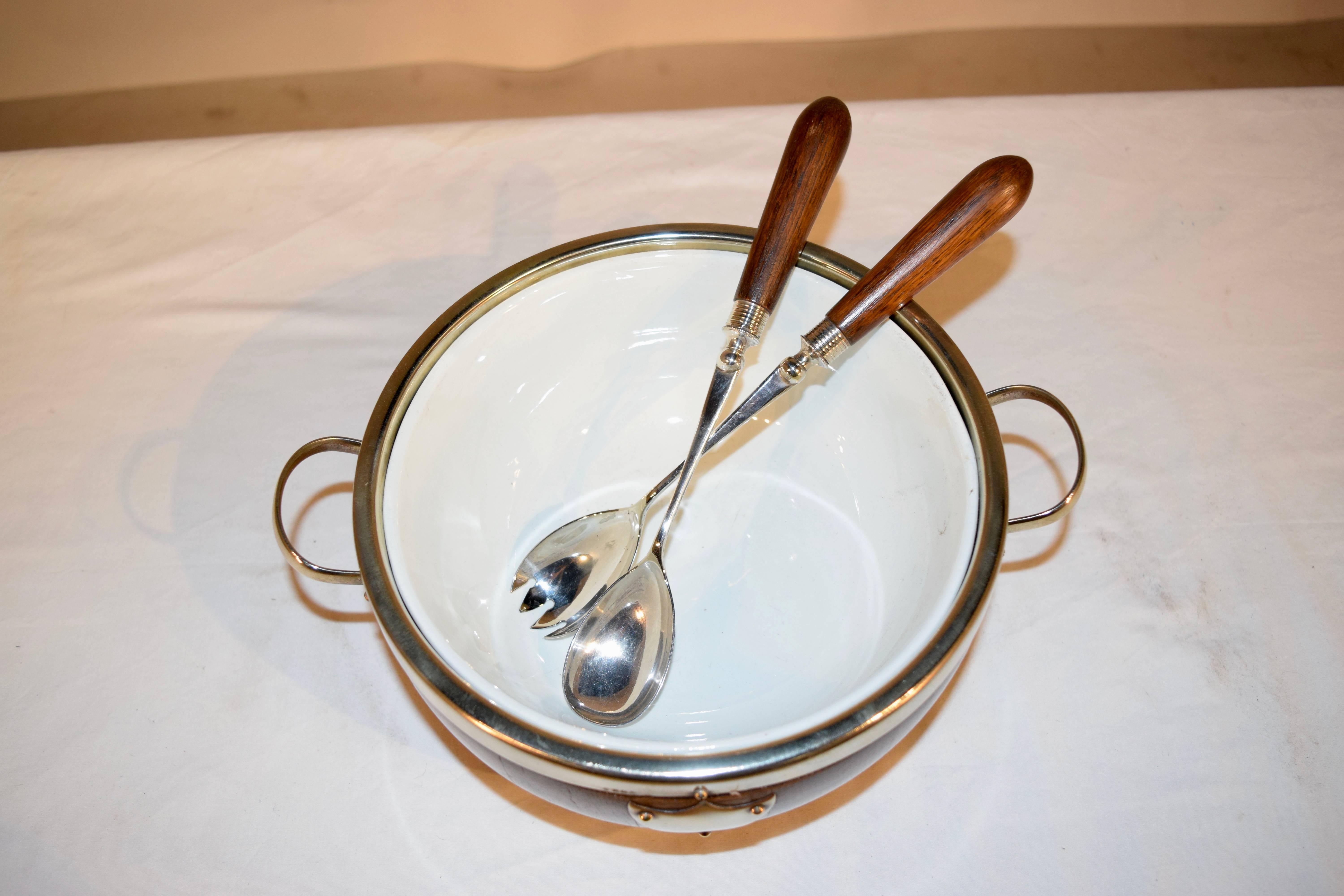 20th Century Edwardian Treen Salad Bowl with Liner and Servers