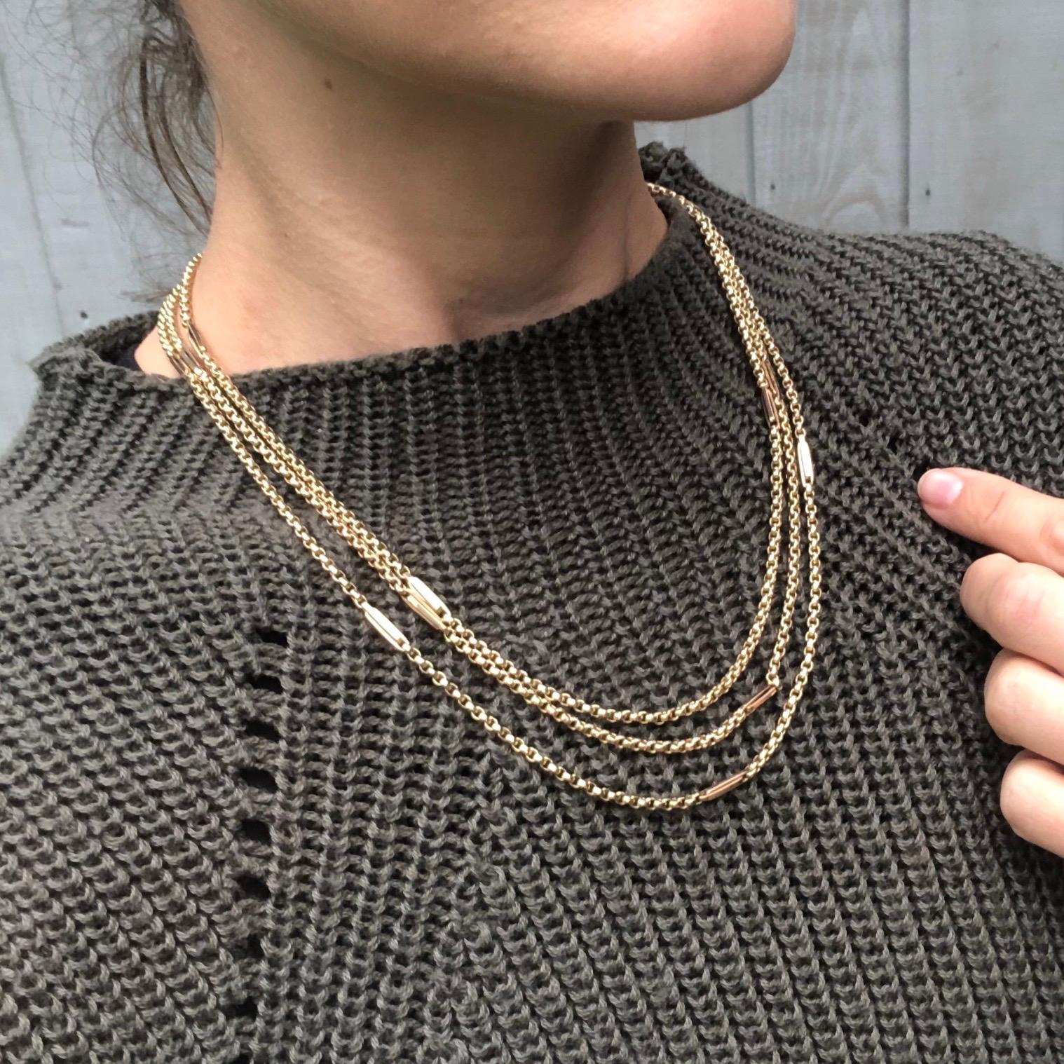 Women's or Men's Edwardian Triple Chain 9 Carat Gold Necklace