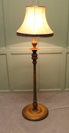 Edwardian Turned Floor Lamp, Fruitwood, Silk Shade, Antique, 1900