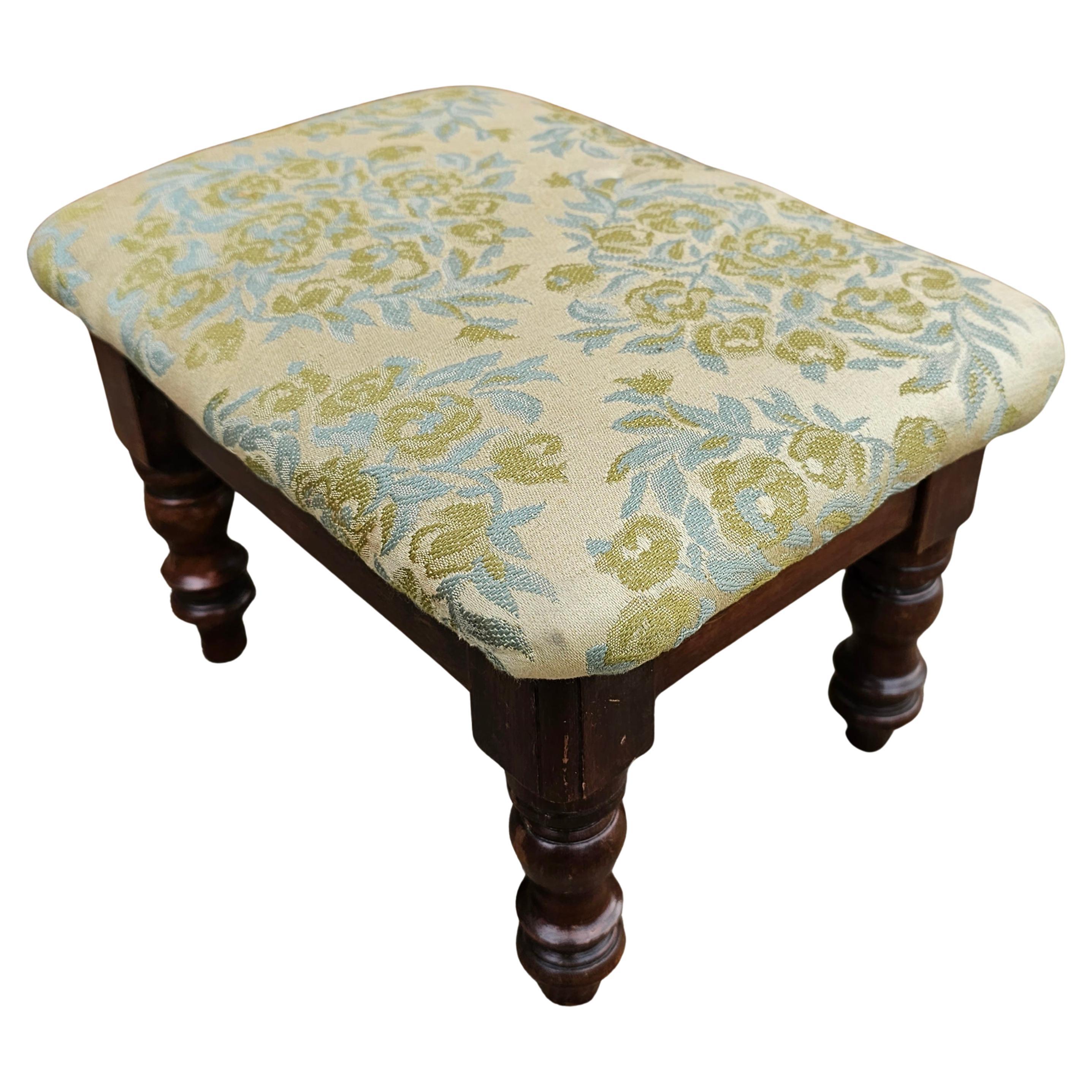 19th Century Edwardian Turned Mahogany and Upholstered Foot Stool For Sale