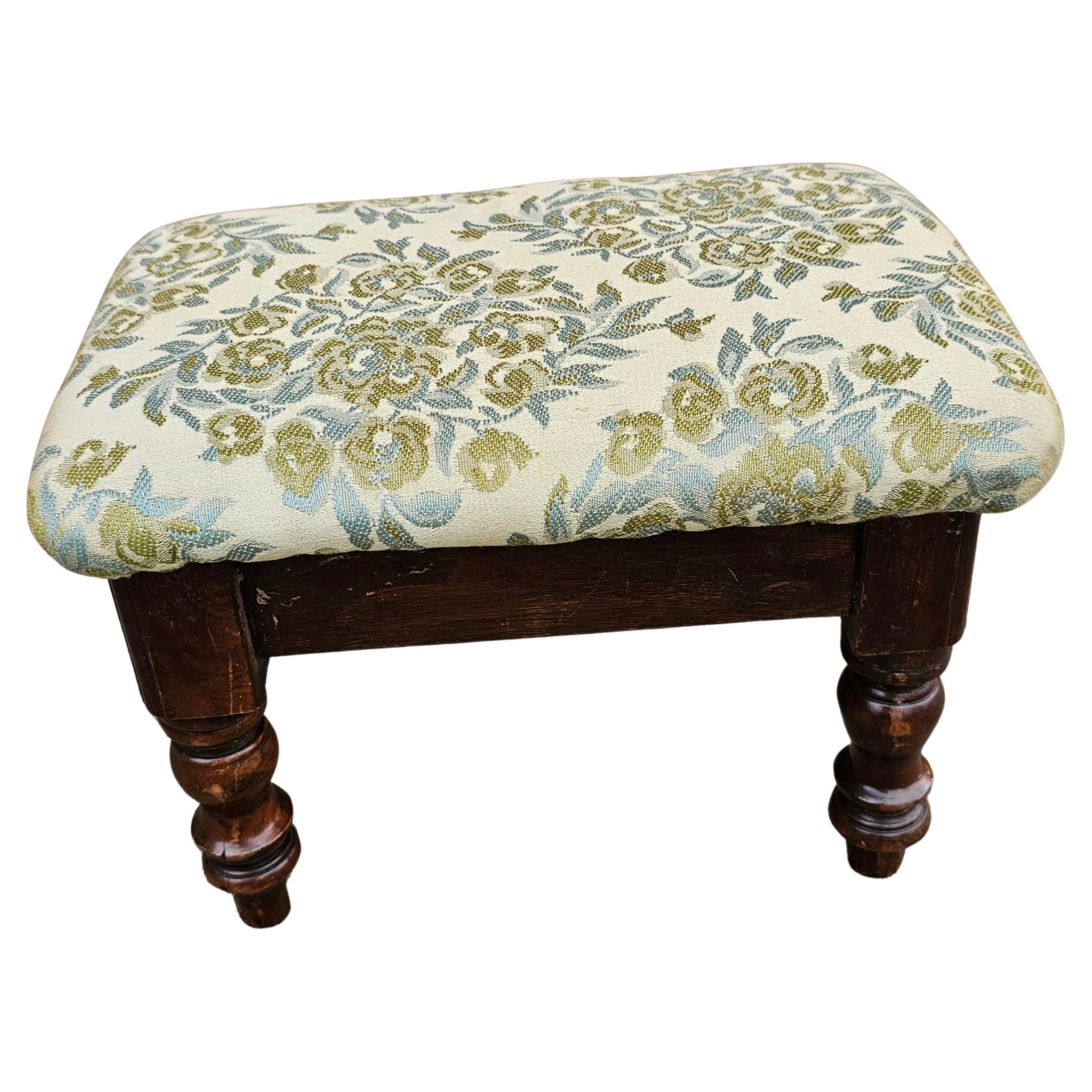 Hardwood Edwardian Turned Mahogany and Upholstered Foot Stool For Sale